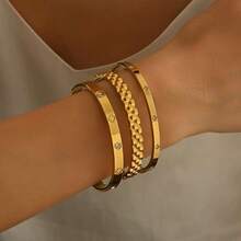 3pcs/Set Stainless Steel Bracelet Set, Rhinestone Clover Clasp Open Bangle, Suitable For Women's Daily Wear Or Gift - Yellow Gold - View 1