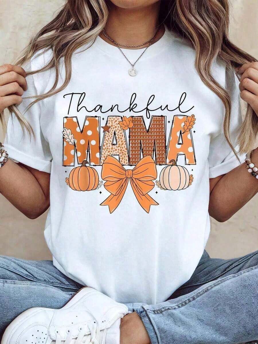Camiseta de Mujer 100% Algodón con Gráfico de Acción de Gracias, Camiseta de Mujer "Thankful Mama Coquette Fall Pumpkin Spice Thanksgiving", Camiseta holgada, casual y versátil, Camiseta Y2k, Camisa de Mujer. - Blanco - Ver 1