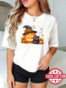Camiseta de manga corta con cuello redondo y estampado para dama, verano Calabaza Bruja Gato Fa Girasol S-3XL 100% aodón, material transpirable - Blanco - Ver 2