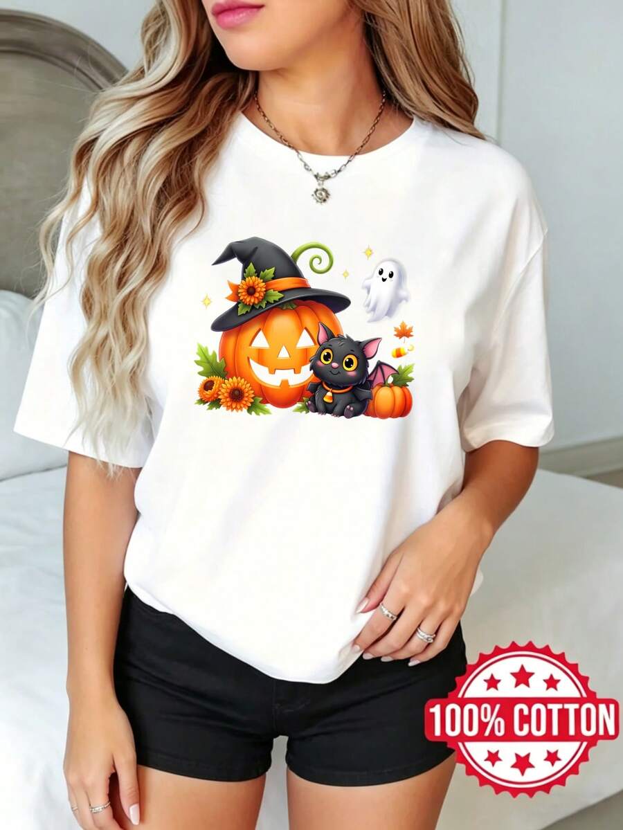 Camiseta de manga corta con cuello redondo y estampado para dama, verano Calabaza Bruja Gato Fa Girasol S-3XL 100% aodón, material transpirable