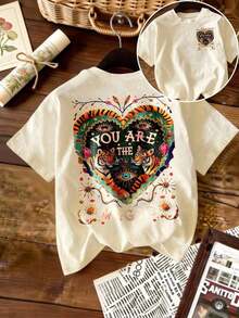Women's Clothing Casual Short-Sleeved Shirt With Round Neck, Regular Fit, Bohemian Style, Stretchy Fabric, Heart-Shaped Tiger Print, Suitable For Summer, Women's Shirts - 杏色 - 查看 1