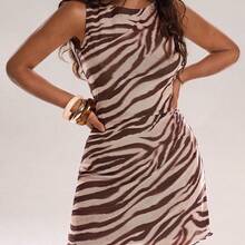 Brown Animal Print Off-The-Shoulder Strappy Sleeveless Short Dress Summer Outfit For Women Spring Break Outfits Valentine's Day Fasching Women Costume Beach Outfits For Women Casual Outfit Formal Open Back Summer Dress Sexy Summer Dresses For Women Tiger Print Dress ,Summer Dress Zebra Dress - Marrón - Ver 5