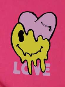 Off-The-Shoulder T-Shirt With Letter And Cartoon Print - Hot Pink - View 3
