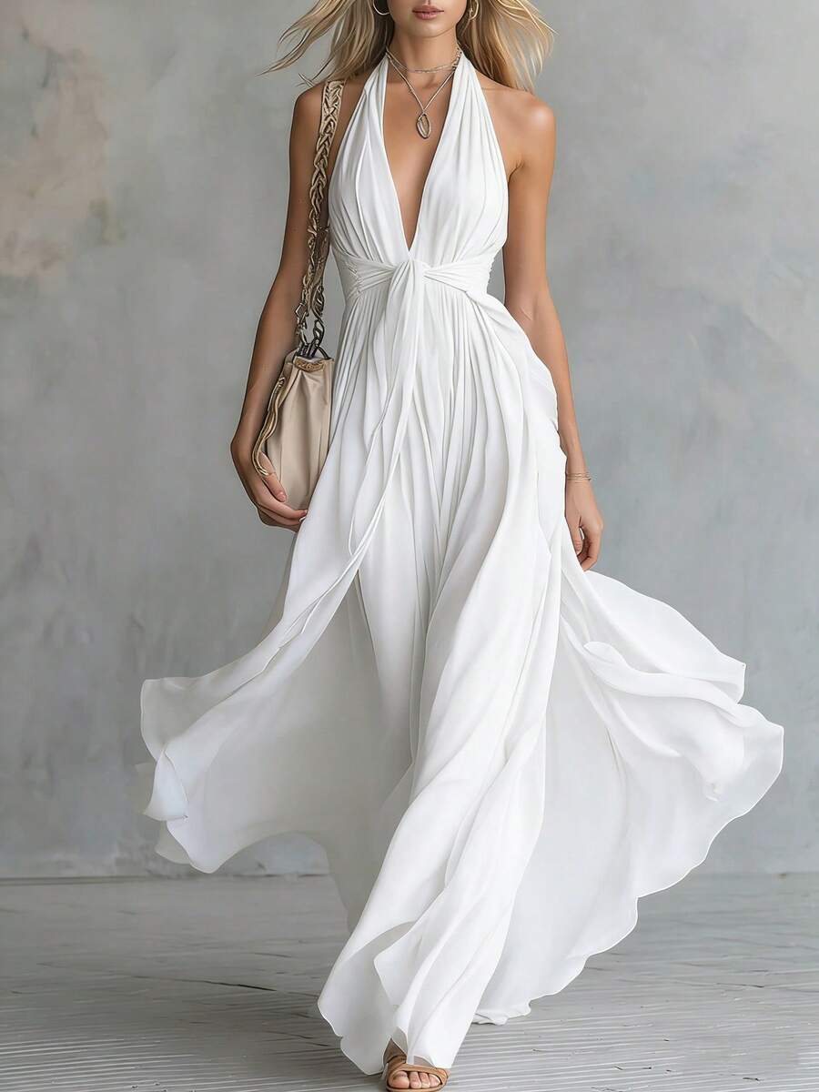 Nuevo 2026 Vestido Ajustado Mujer Color Sólido Cuello en V Sin Mangas Estilo Europeo Americano - Blanco - Ver 1