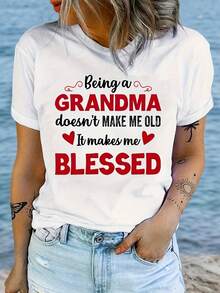 Camiseta cmoda para mujer con estampado de letras "Being a Grandma", cuello redondo y mangas cortas, ideal para uso diario y looks con capas - Blanco - Ver 2