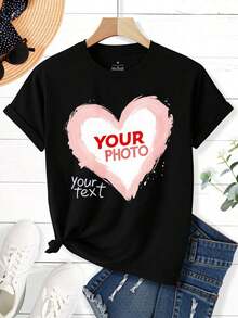 Camiseta Personalizada con Foto de Corazón y Texto Personalizado para Mujer, Unisex, Cuello Redondo Negro, Idea de Regalo. Tanto los Hombres como las Mujeres pueden usarla, y es adecuada para fiestas de Navidad, actividades deportivas, salidas festivas, deportes y otros regalos navideños. Blusa, Camisa > Hermosa. - Negro - Ver 3