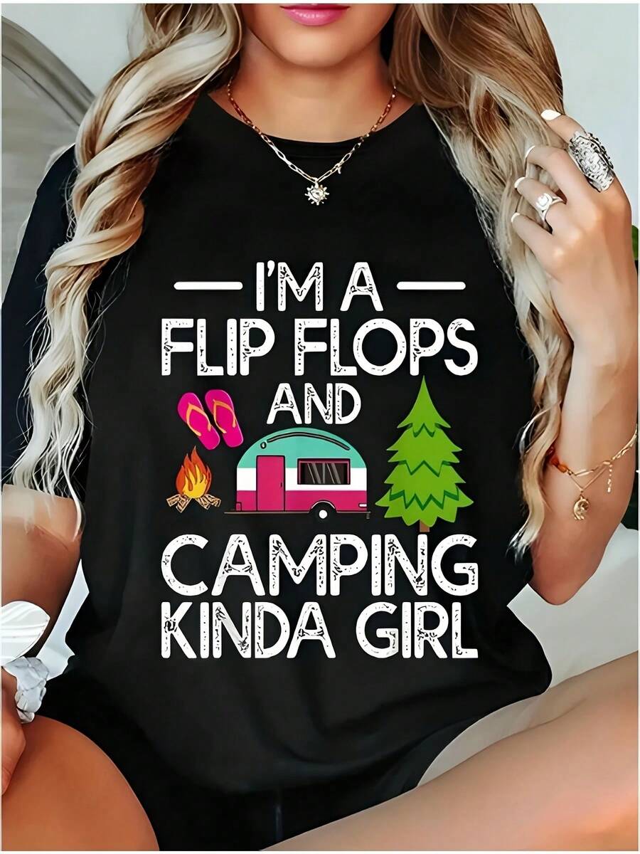 Encdora Women's Graphic T-Shirt With Flip-Flops And Camping - Short-Sleeved, Fitted Casual T-Shirt With White Text And Colorful Campfire, Trailer, And Pine Tree Design - Lightweight Short-Sleeved T-Shirt For Everyday Wear (Size Varies, Please Refer To The Size Chart) - 黑色 - 查看 1