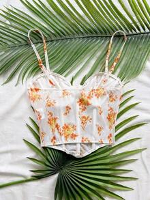 Top de camisola de malla con estampado floral vintage romántico para mujeres, adecuado para vacaciones, citas, té de la tarde, vacaciones, festivales de música, estilo bohemio, primavera/verano - Naranja - Ver 2