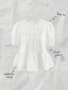 Blusa con volantes y mangas abullonadas con lazo en la parte delantera - Blanco - Ver 9