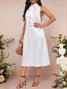 Lady Vestido de longitud media naranja con decoración de volantes florales tridimensionales en el cuello.Elegante y holgado para damas.Ideal para vacaciones de primavera y verano.Estilo bohemio. - Blanco - Ver 7