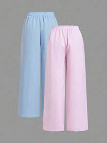 2 piezas/Set Pantalones casuales sueltos de rayas de colores pastel de verano para mujer, pantalones anchos, pantalones de pierna ancha con cordón en la cintura, pantalones de pierna ancha a rayas, pantalones a rayas de verano, pantalones par - Multicolor 3 - Ver 2