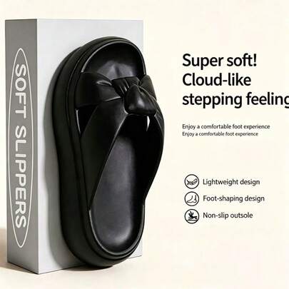 Thick-Soled Fashionable Bow Tie Women's Slippers, Suitable For Outdoor, Dating, Office, Travel, Vacation, Beach, Soft, Durable, Elevated, Comfortable Slippers, Lightweight EVA Foam Sandals, Elegant Women's Sandals, Comfortable Women's Sandals, Women's House Slippers, Beach Shoes, Black Slippers, Platform Slippers