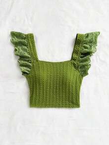 Elegante top corto de mujer de punto con plisados, adornos de encaje floral y diseño ideal para vacaciones - Verde - Ver 5