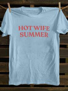 Hot Wife Summer Slogan Print T-Shirt, Summer Vacation Themed Short Sleeve Vacation Outfits Women Beach Outfits For Woman Women's Swimwear Beach Top - 淺藍色 - 查看 3
