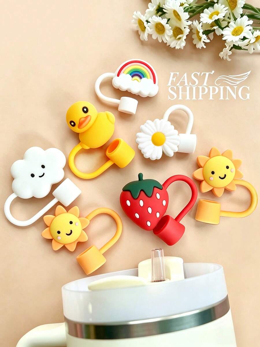 1/2/3/6/12件組 粉色與白色吸管裝飾飾品，鴨子、彩虹、雲朵、草莓、太陽吸管帽 8mm 0.31in 可重複使用吸管設計保護蓋，吸管頭帽配件，情人節裝飾，兒童派對禮物 - 笑臉彩虹草莓 - 查看 1