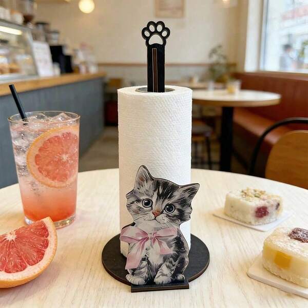 1pc Wooden Cat Shaped Kitchen Paper Towel Holder, Single Layer Kitchen Cloth Rack, Vertical Kitchen Paper Towel Stand, Desktop Paper Towel & Cling Film Dispenser
