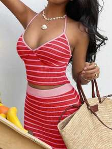 Conjunto de top corto con escote en V profundo y espalda descubierta, y falda larga tipo maxi a rayas azules, sexy y romántico para primavera/verano, playa, citas, fiestas - Rojo - Ver 5