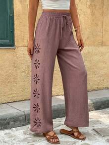 Frenchy Pantalones anchos de pierna ancha con cordón en la cintura, de unicolor y con corte láser, estilo casual de vacaciones para mujer - Caqui - Ver 10