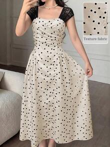 Vestido elegante de manga raglán y cuello cuadrado con detalle cruzado en el busto, de unicolor para mujeres - Albaricoque 2 - Ver 3