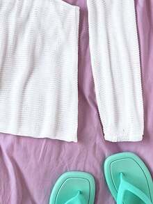 Vestido camisa de mujer con cuello en V, recorte en la cintura y manga larga - Blanco - Ver 3