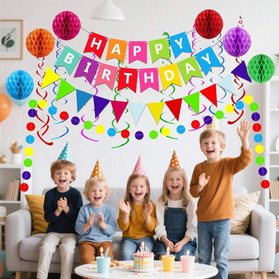 1pc Happy Birthday Banner With Colorful Paper Flag Bunting Paper Circle Confetti Garland Swirl Streamers Honeycomb Ball For Birthday Party Decorations - Colorful Honeycomb Banner Set - View 1