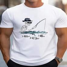 Camiseta con estampado de calavera y pesca, top de algodón creativo y cómodo para hombre, camiseta informal de manga corta de verano de 180 g, ropa de verano, ropa informal, estampado artístico, dise?o de calavera, ajuste cómodo, material transpirable, camisa estampada, top informal, entusiastas de la ropa urbana. - Blanco - Ver 1