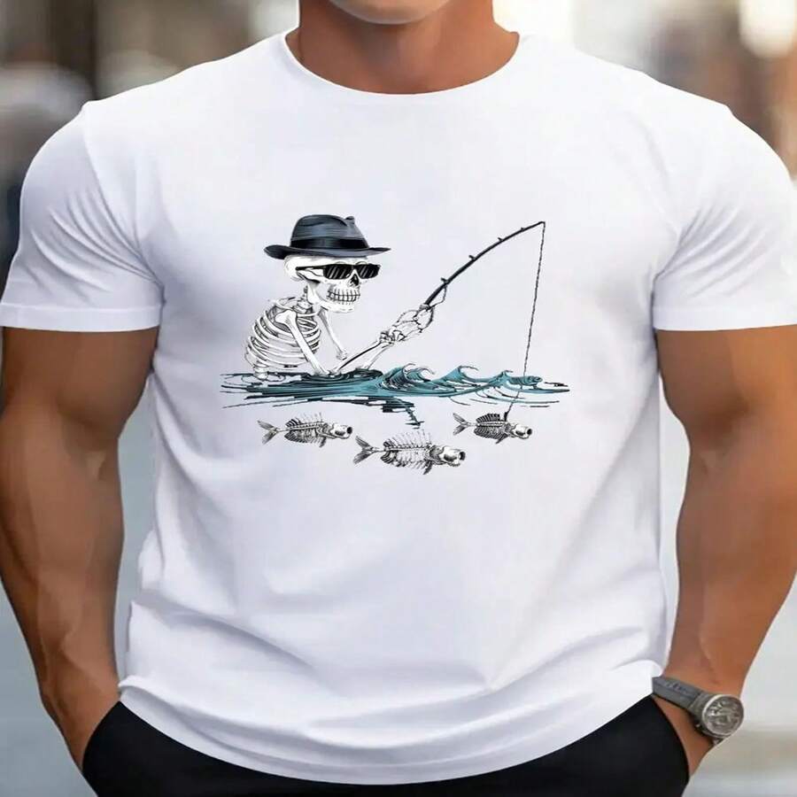Camiseta con estampado de calavera y pesca, top de algodón creativo y cómodo para hombre, camiseta informal de manga corta de verano de 180 g, ropa de verano, ropa informal, estampado artístico, dise?o de calavera, ajuste cómodo, material transpirable, camisa estampada, top informal, entusiastas de la ropa urbana. - Blanco - Ver 1