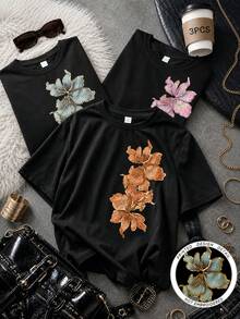 Áo thun ngắn tay nữ họa tiết hoa retro, thích hợp cho mùa hè, đi dự tiệc và mặc hàng ngày. - màu đen - Xem 1