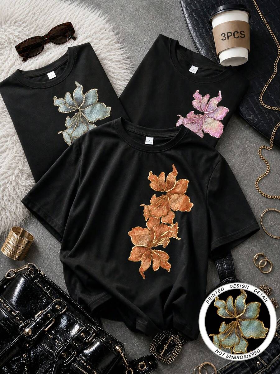 Áo thun ngắn tay nữ họa tiết hoa retro, thích hợp cho mùa hè, đi dự tiệc và mặc hàng ngày. - màu đen - Xem 1