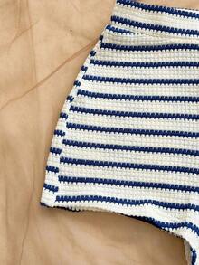 2 piezas Conjunto de top corto a rayas y shorts de cintura alta para mujer, adecuado para vacaciones, citas, té de la tarde, playa, crucero, viaje a la ciudad, festival de música, estilo bohemio de playa - Azul y blanco - Ver 4