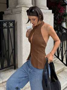 Parte superior sin mangas de mujer con lazo, cuello halter y abertura, chaleco casual - Marrón - Ver 8