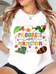 Casual Wear Teacher T-Shirt For The First Day Of School, Retro Teaching T-Shirt, Women's Casual Short Sleeve Crew Neck T-Shirt With Inspirational Educational Quotes Design, Everyday Outfit, Bohemian Blouses For Women>Shirt - 白色 - 查看 7