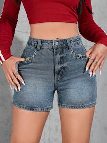 Stylish Women's Denim Shorts With Rhinestone Metallic Mesh Details, Cute Stretchy Bermuda Shorts, Perfect For Casual And Party Styles. - 寶藍色 - 查看 1