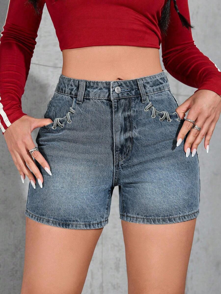 Stylish Women's Denim Shorts With Rhinestone Metallic Mesh Details, Cute Stretchy Bermuda Shorts, Perfect For Casual And Party Styles. - 寶藍色 - 查看 1