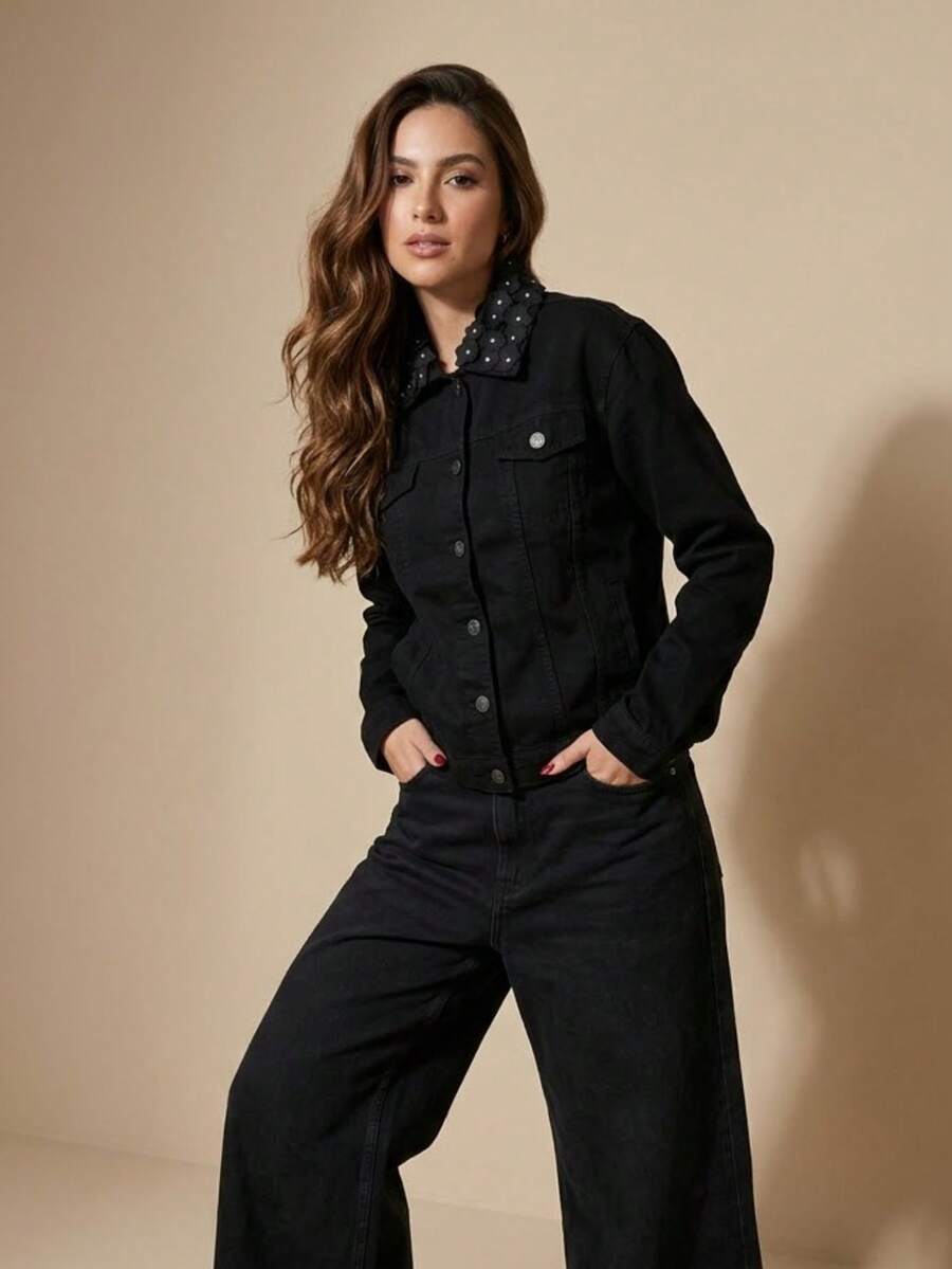 pthirillo Women's Black Denim Jacket Maxi Oversized Denim Black Cotton Long Sleeve Premium Street Style Retro Casual Loose Fit With Pockets Cowboy Style Show Pearls | Basic - 花卉領 - 查看 1