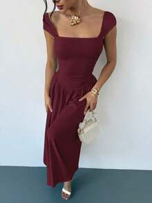 Vestido largo elegante con cuello cuadrado, mangas de campana y lazo en la cintura, con pliegues.Adecuado para citas, primavera/verano, vestidos de verano para mujeres - Burdeos - Ver 7