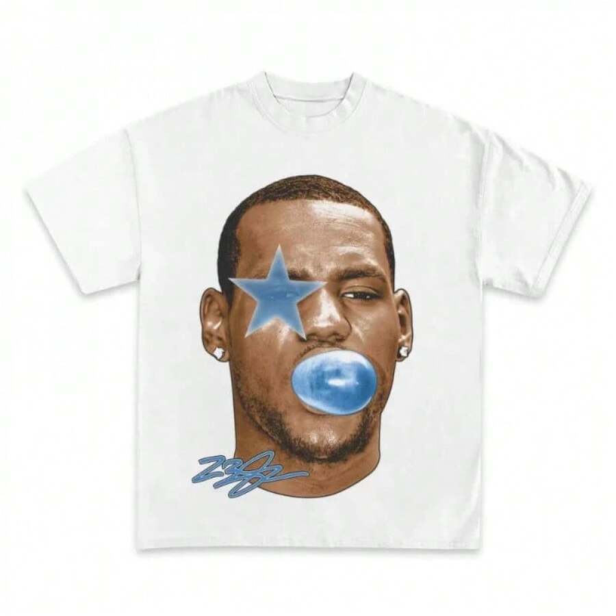 Camiseta de Baloncesto con Estampado de Estrella, Camiseta de Algodón de Manga Corta para Hombre, Camiseta Retro Americana de Algodón Puro, Top de Verano, Estilo Urbano - Blanco - Ver 1