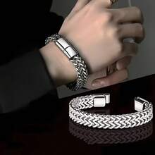 Men's Bracelet - Stainless Steel Magnetic Clasp Franco Chain - Silver - View 1