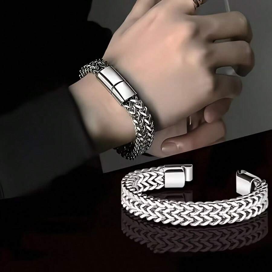Men's Bracelet - Stainless Steel Magnetic Clasp Franco Chain - Silver - View 1