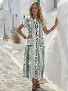 Vestido casual de mujer con estampado floral y manga corta, ideal para vacaciones de verano - Verde - Ver 3