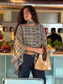 Poncho de mujer con cuello redondo y mangas de murciélago a cuadros, elegante ropa de primavera para damas - Niebla azul - Ver 4