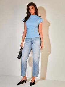 Blusa plisada con cuello para mujer, elegante para la oficina, artículo de moda versátil, adecuado para el trabajo, salidas casuales, fiestas, con estampado de cuadros marrones - Azul - Ver 3
