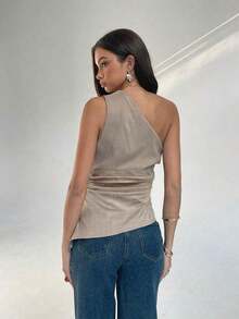 Blusa de moda sin mangas para mujer con cuello oblicuo y fruncido lateral para el trabajo - Caqui - Ver 2