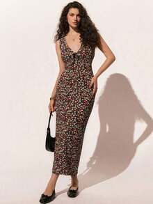Vestido de verano con escote en V sin mangas con estampado floral diminuto para vacaciones en la playa - Multicolor - Ver 3