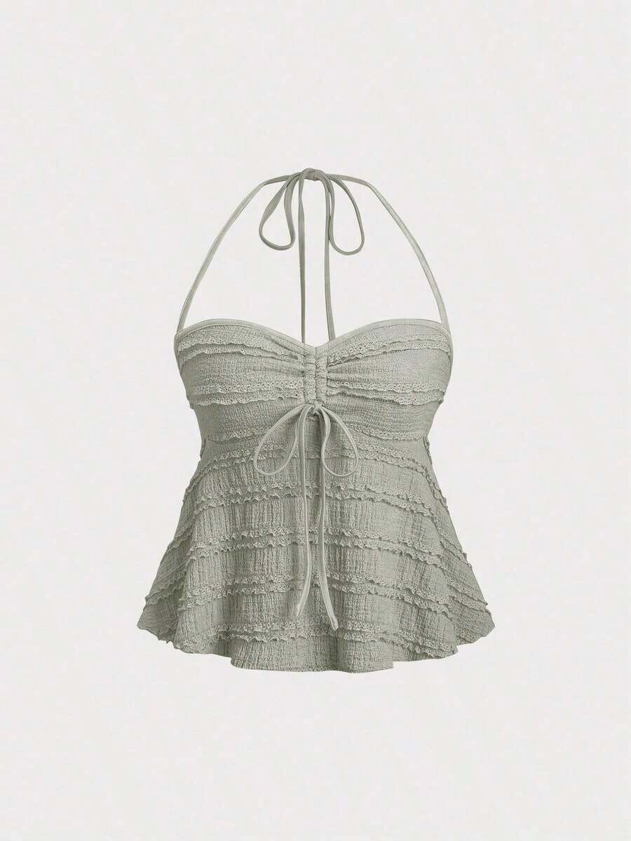 Tops halter con cordón en el busto de color sólido, estilo Y2K para mujeres - Verde militar - Ver 1