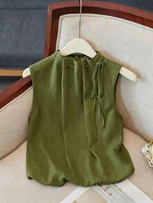 Blusa blanca elegante sin mangas, de cintura elástica y cuello suelto con cordón, de tejido texturizado, para mujer, para primavera/verano.Blusas y tops para mujer de cuello cerrado, blusas casuales y modernas para el verano - Verde - Ver 3