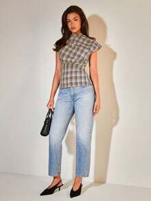 Blusa plisada con cuello para mujer, elegante para la oficina, artículo de moda versátil, adecuado para el trabajo, salidas casuales, fiestas, con estampado de cuadros marrones - Multicolor - Ver 3