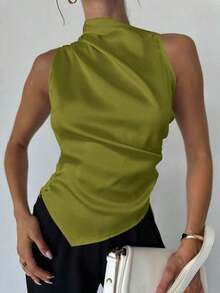 Camisa de satén con cuello plisado, sin mangas, elegante y sencilla, con dobladillo entallado, para oficina, en color beige - Verde Oliva - Ver 2