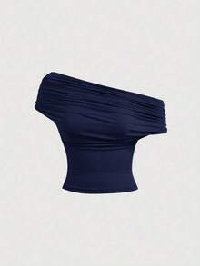 Camiseta de tirantes ajustada de un solo color con 3 formas de usar para mujeres - Azul marino - Ver 4