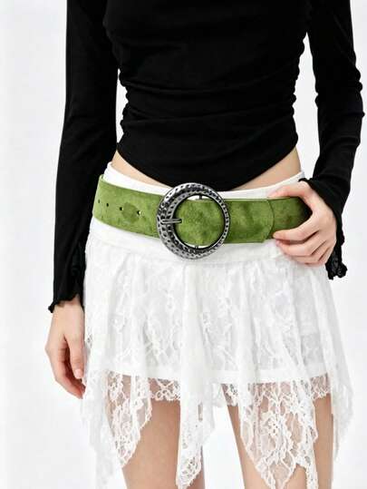 1 pieza Cinturón ancho de estilo bohemio de color verde oliva para mujer, cinturón de cintura con hebilla de media luna plateada de estilo occidental, cinturón de cintura fresco, cinturón de cintura para primavera/verano Y2K, adecuado para vestidos, cinturón de textura de terciopelo, cinturón con tachuelas, adecuado para salidas diarias, fiestas, festivales de música, etc.